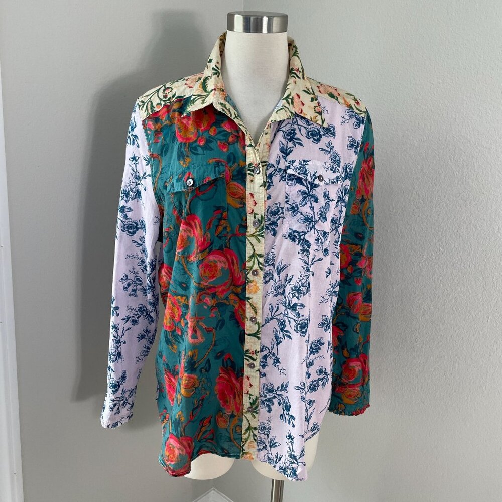 Sundance Womens Large Floral Patchwork Long Sleeve Shirt Button Up Blouse Top